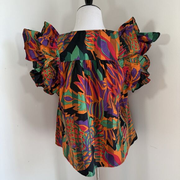 House of Harlow 1960 Top Blouse XS Vibrant Orange Green Ruffle Cap Sleeves - Picture 4 of 10